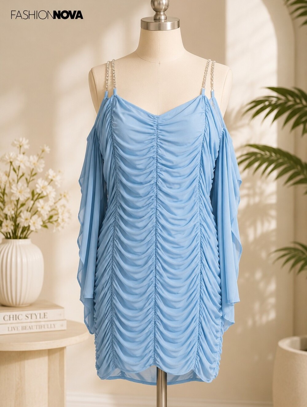 Fashion Nova Be My Everything Chain Strap Ruched Mini Dress | Light Blue 1XL